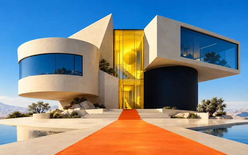 A visionary geometric home with a yellow glass atrium and orange entry path