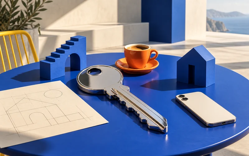 A chrome key, orange espresso, phone, and architectural forms on a blue café table