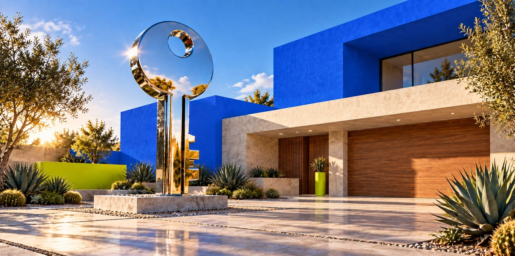 A monumental chrome key stands in the driveway of a vivid blue modern home